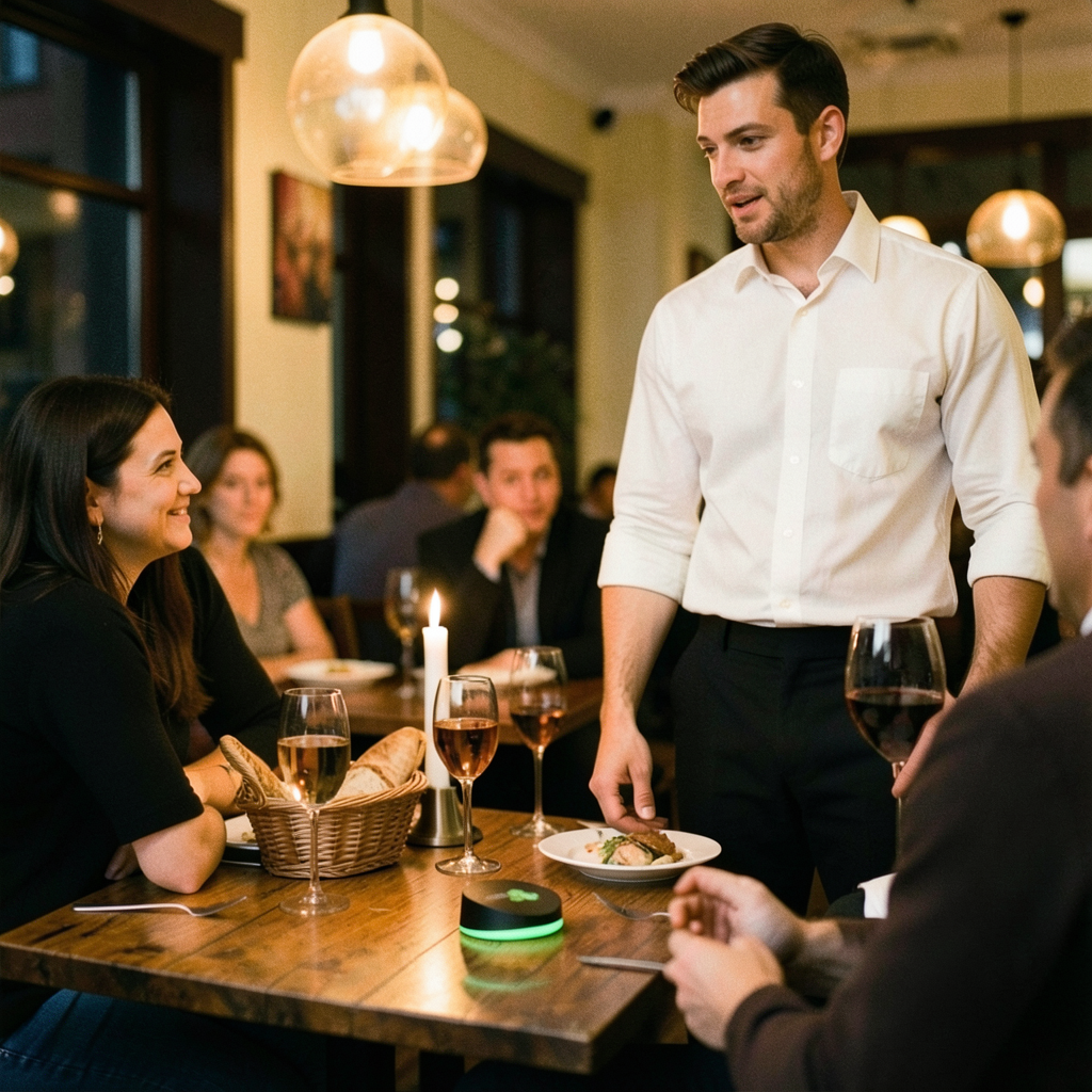 Entspannter Kellner im Gespräch mit Gästen – OrdiBee übernimmt die Bestellungen