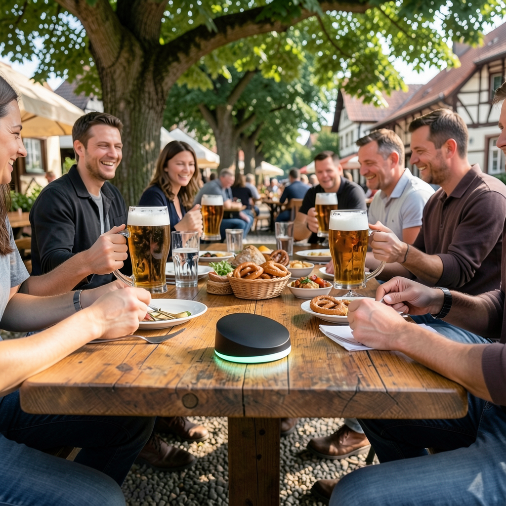 Biergarten mit OrdiBee auf dem Holztisch