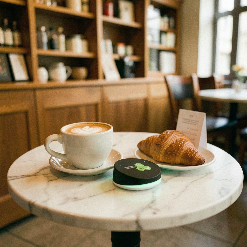 Café mit OrdiBee auf dem Marmortisch