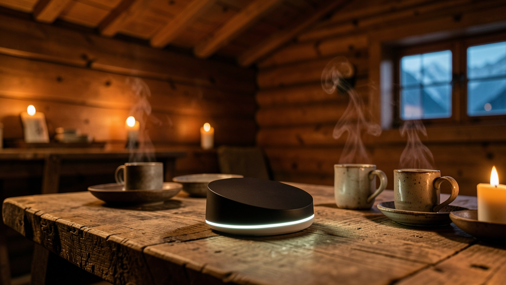 Skihütte mit OrdiBee, Kerzen und dampfende Tassen
