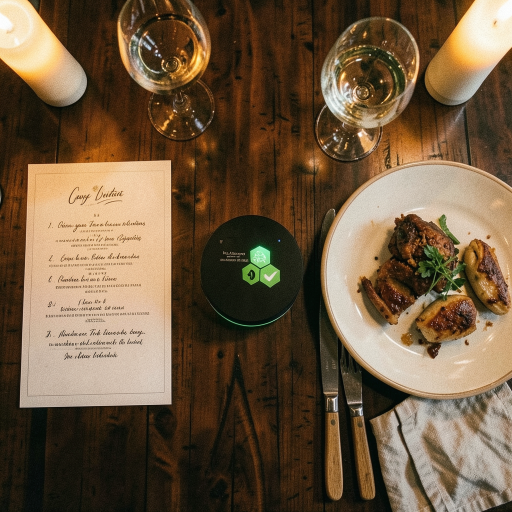 Draufsicht Restauranttisch – Speisekarte, OrdiBee und Teller