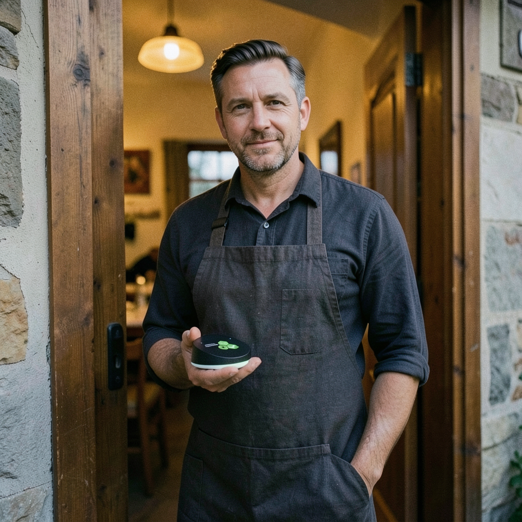OrdiBee Gastronom vor seinem Restaurant