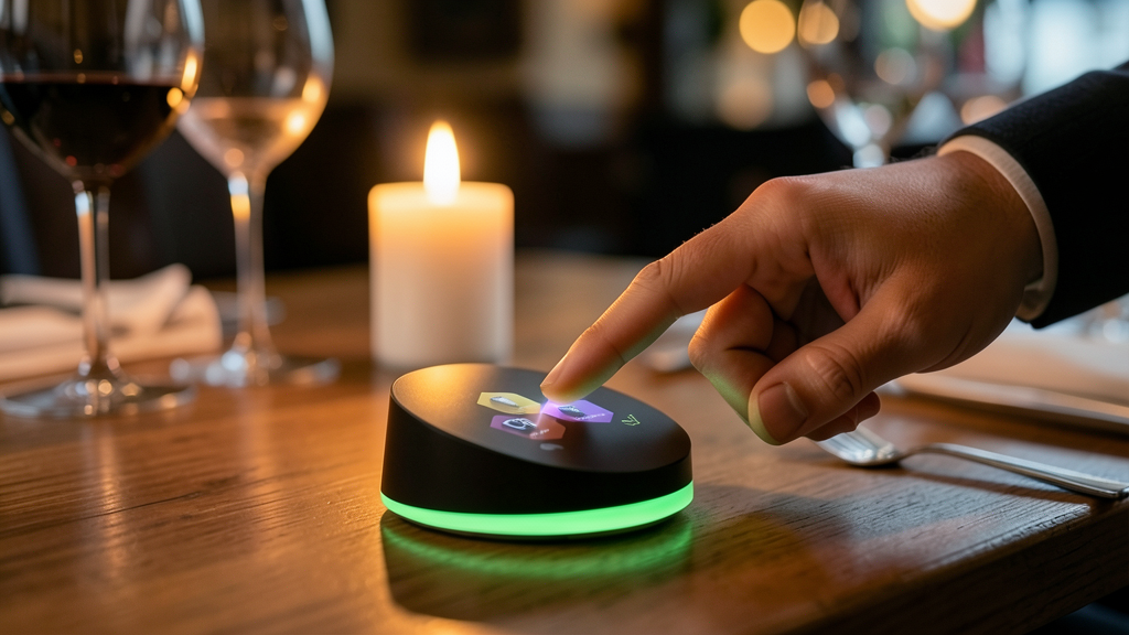 OrdiBee im Abendrestaurant – Hand tippt auf Gerät